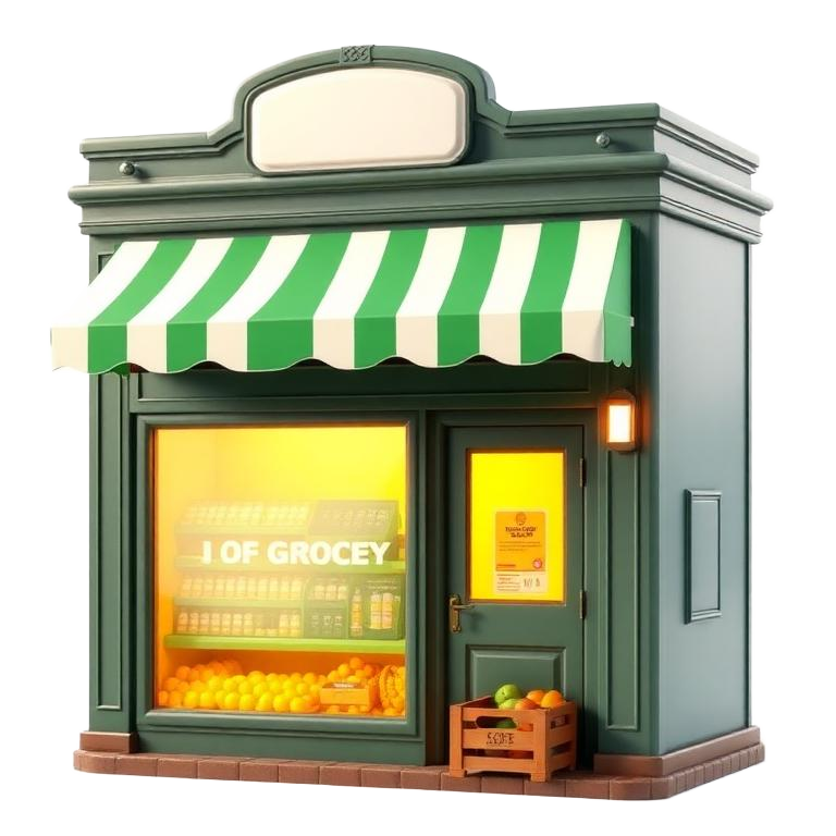 Ilustração 3D de uma loja de bairro com toldo verde